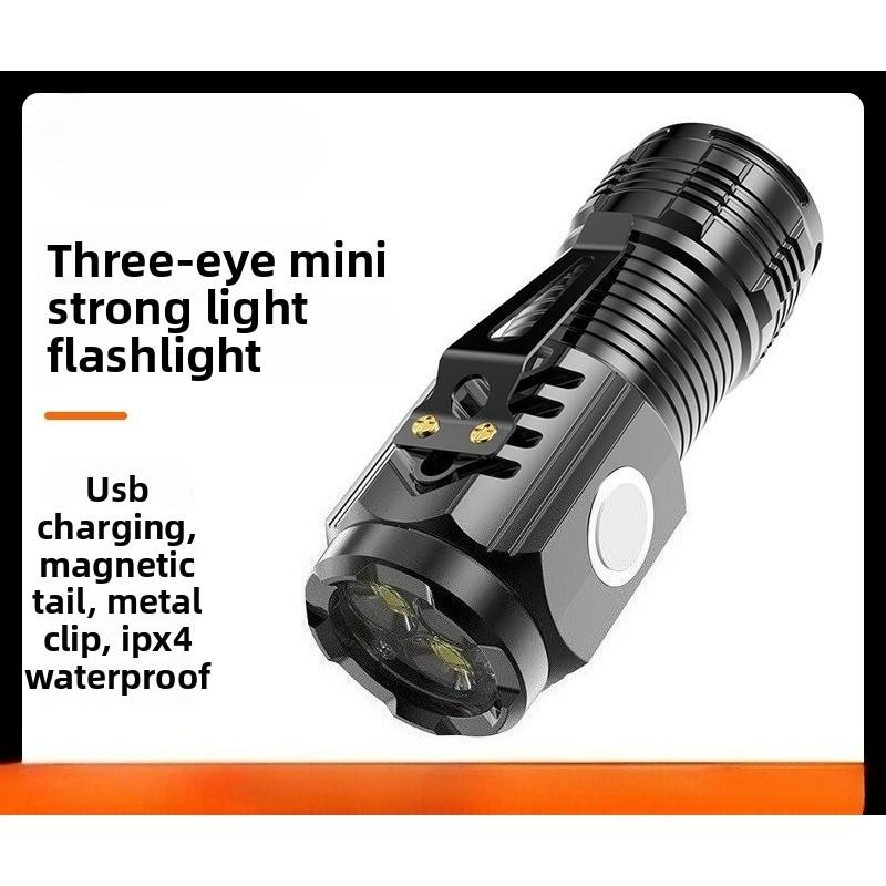 Strong Light Flashlight Explodes Outdoor Charging Mini Flashlight Long-range Long-range Battery Life Three-eyed Little Monster Flashlight