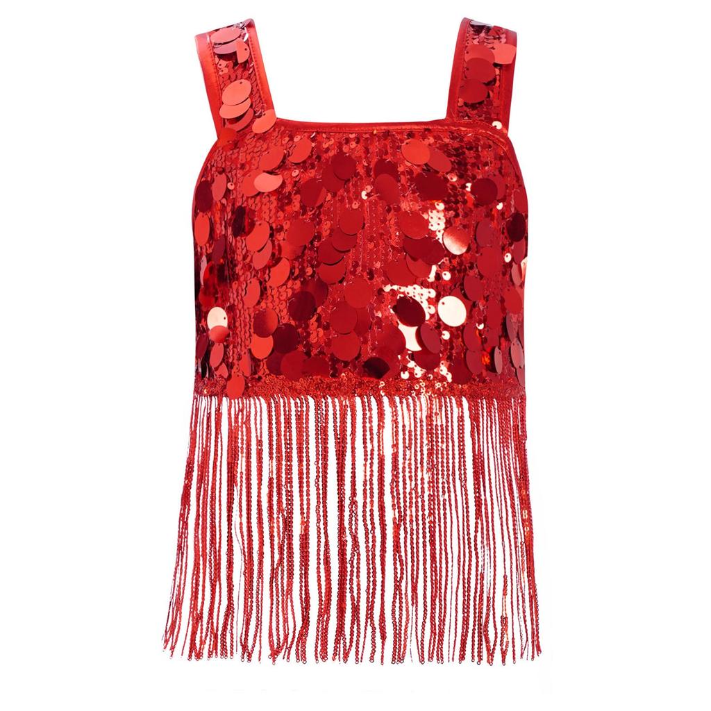 Dívčí taneční crop top se širokými ramínky a třásněmi z lesklých flitrů pro jazzové párty vystoupení