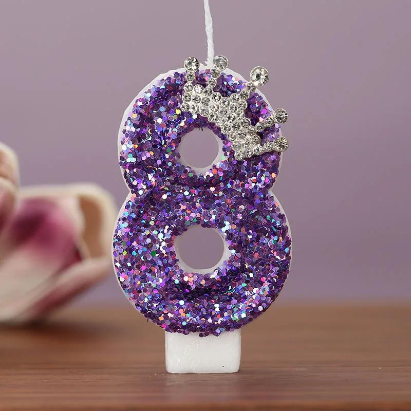 Y Children's Number 7 Birthday Candles Girl's Digital Cake Candles Glitter Princess Crown Decoration Anniversary Party Supplies