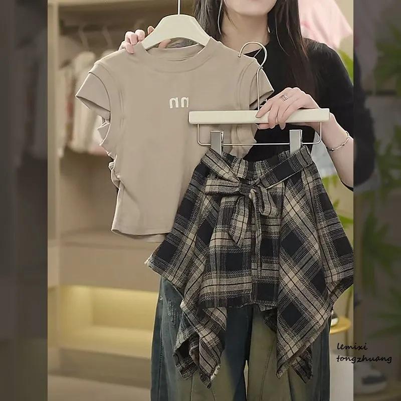 Summer Girls Clothing Set Solid Color Sleeveless T-shirt+Plaid Irregular Skirt 2Pcs Suit for Teen Kids Fashion Outfit