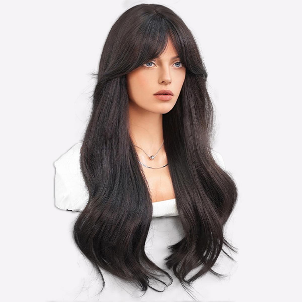 

Кудрявый парик Balayage 26 дюймов — термостойкие свободные волны с челкой-занавеской | 4 оттенка Sun-Kissed | Синтетические волосы 270 г 67cm 26Inch чёрный