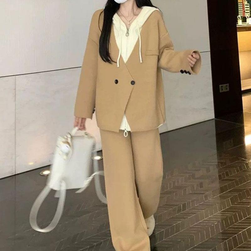 Spring and Autumn Long-sleeved Fake Two-piece Hooded Top Loose Large Size Belly-covering Trousers Suit for Women