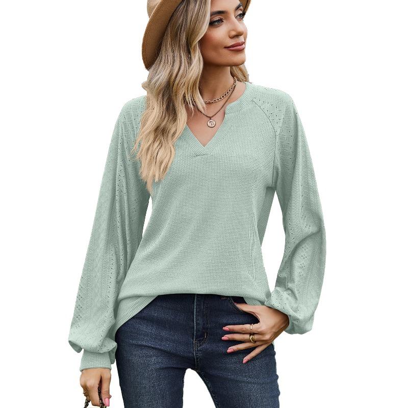 Spring and Autumn Women's Blouse Solid Color Splicing V-neck Loose Long-sleeved Top
