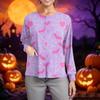 Women's Casual Long Sleeve Scrub Top with Single Buttons Halloween Print for Work Uniform