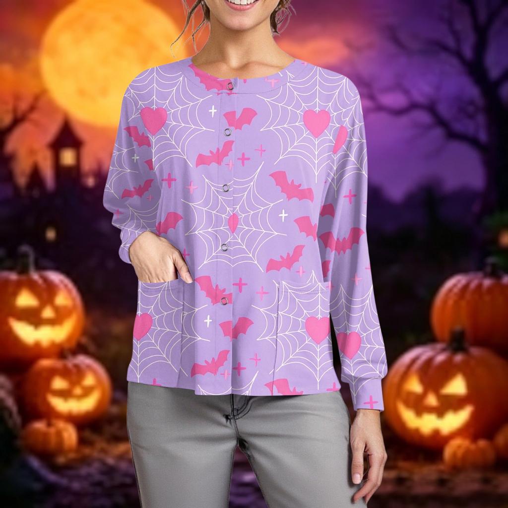 Women's Casual Long Sleeve Scrub Top with Single Buttons Halloween Print for Work Uniform