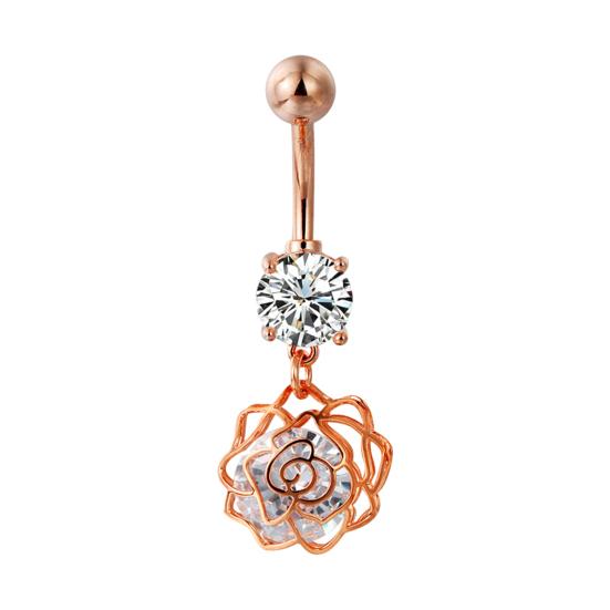 Belly Button Rings Stainless Steel Hollow Flower Dangle Body Piercing Jewelry Rhinestone Navel Ring for Women