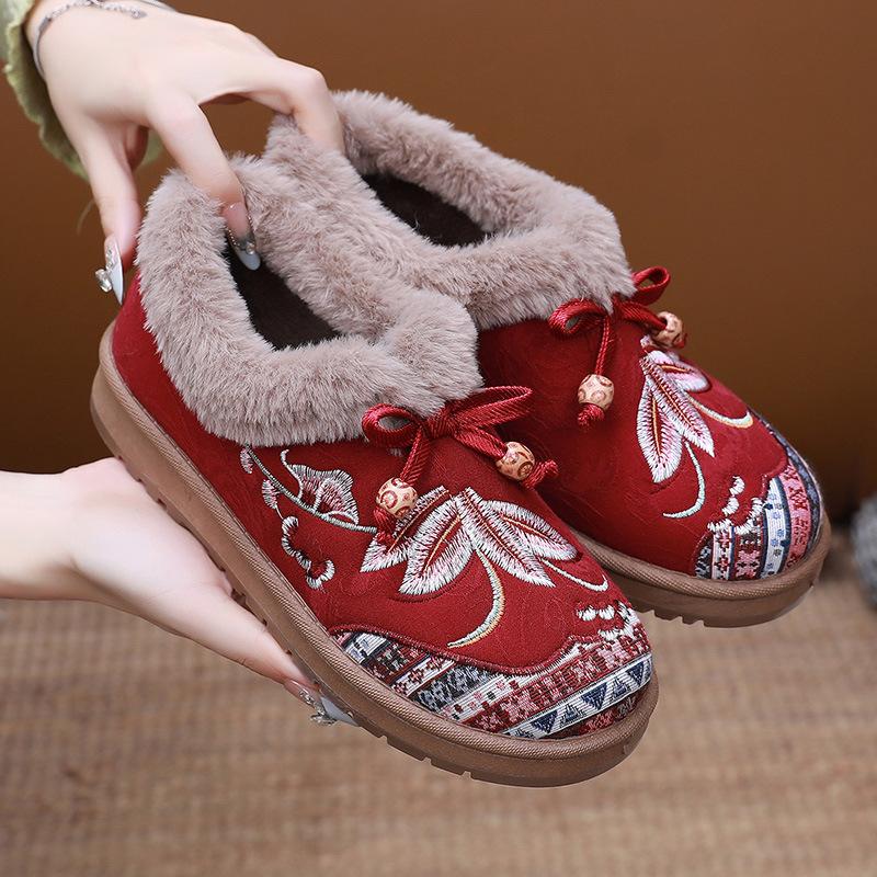Women's Winter Fur Lined Loafers Platform Embroidered Loafers Shoes for Women Chunky Warm Plush Comfortable Non-Slip Round Toe Loafer Slippers Women
