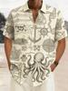 Men's Vintage Nautical Map Print Short Sleeve Shirt, Spring Summer Adventure Vacation Casual Top, Pocket Lapel Style