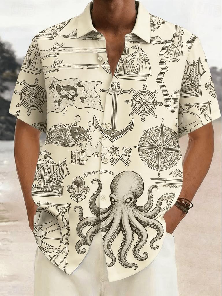 Men's Vintage Nautical Map Print Short Sleeve Shirt, Spring Summer Adventure Vacation Casual Top, Pocket Lapel Style