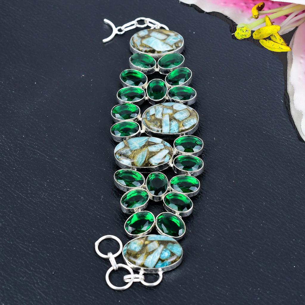 Copper Larimar, Diopside Gemstone 925 Sterling Silver Bracelet 7-8" KG-1816