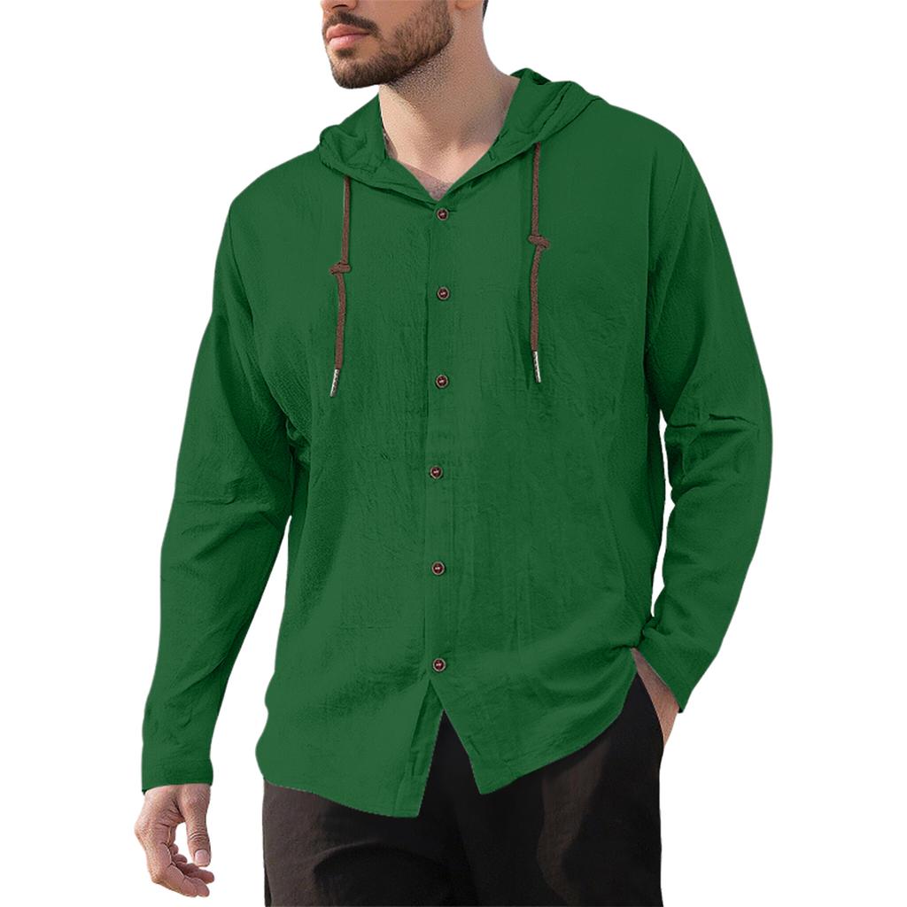 Men's Casual Cotton-Linen Blend Hooded Button-Down Shirt