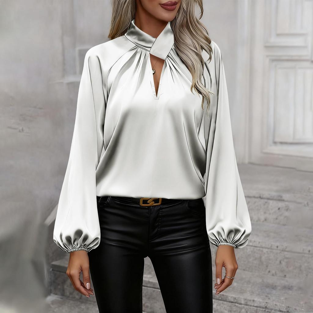 Damen Minimalistisch Hoher Halsausschnitt Farbe Plissiert Lässig Vielseitig Satin Langarm T-Shirt Top