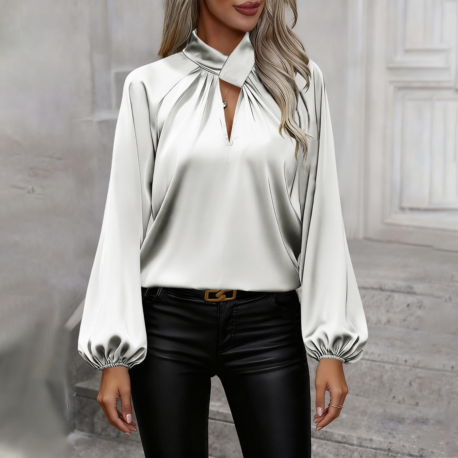 Женский минималистичный топ с высоким воротом, цветной, плиссированный, повседневный, универсальный, атласный, с длинным рукавом M белый