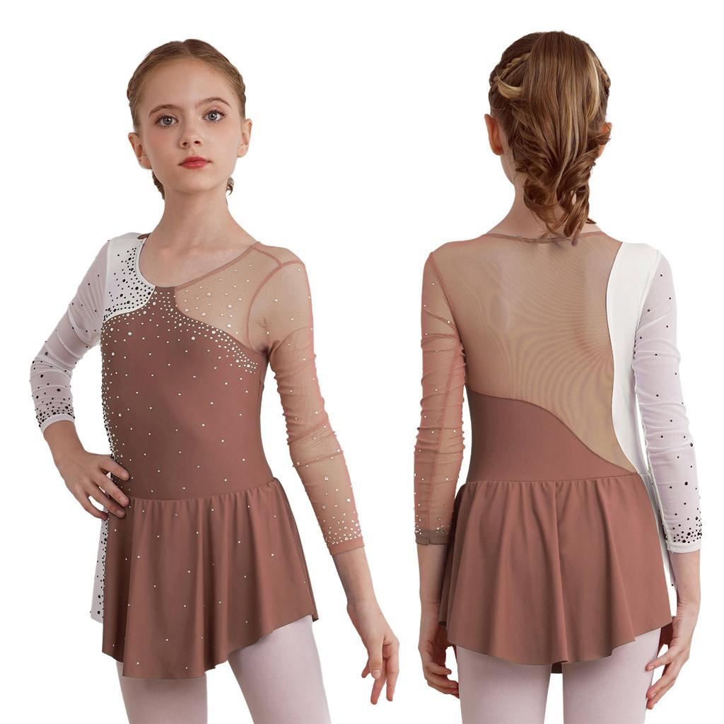 Girls' Ice Skating Leotard Dress Kids Long Sleeve Shiny Rhinestone Ballet Gymnastics Dance Clothes