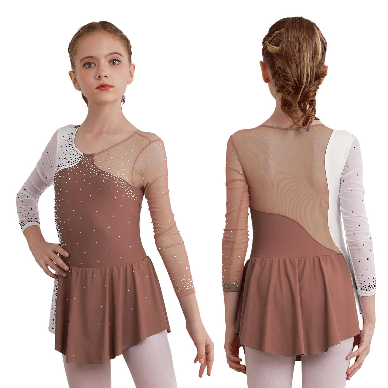 YOOJIA Meisjes Figuur Schaatsen Jurk Ballet Dans Gymnastiek Turnpakje Tutu Lange Mouw Glanzende Strass Sheer Mesh Jurken Danskleding 13-14 Years bruin