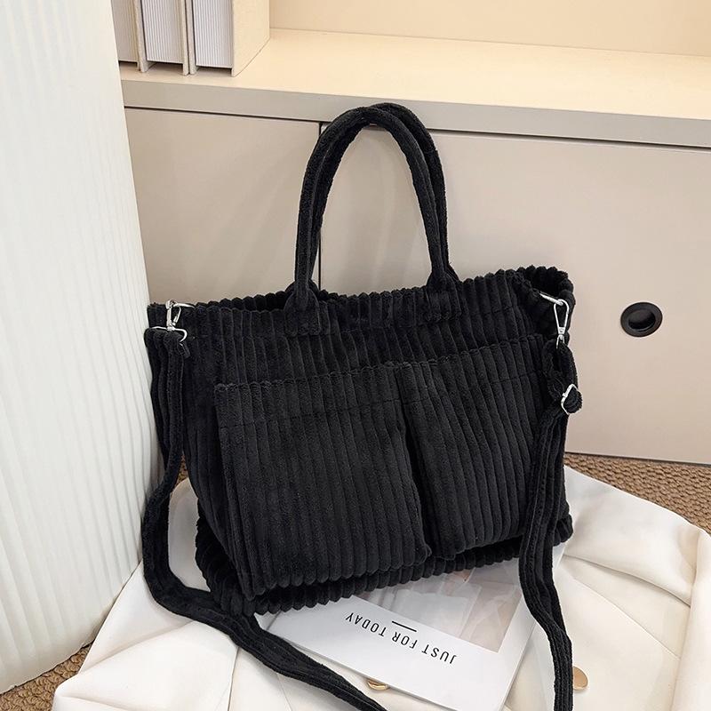 Simple Solid Color Corduroy Shoulder Bags for Women Large Capacity Ladies Multi-Pocket Tote Handbags Student Crossbody Bag