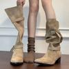 Retro Western Cowboy Booties High Tube Women's Boots Khaki Long Boots Faionable Korean Sle Flat Heel Daily Wear autumn