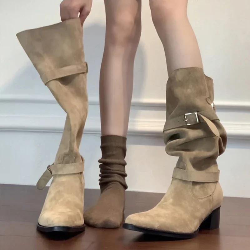 Retro Western Cowboy Booties High Tube Women's Boots Khaki Long Boots Faionable Korean Sle Flat Heel Daily Wear autumn