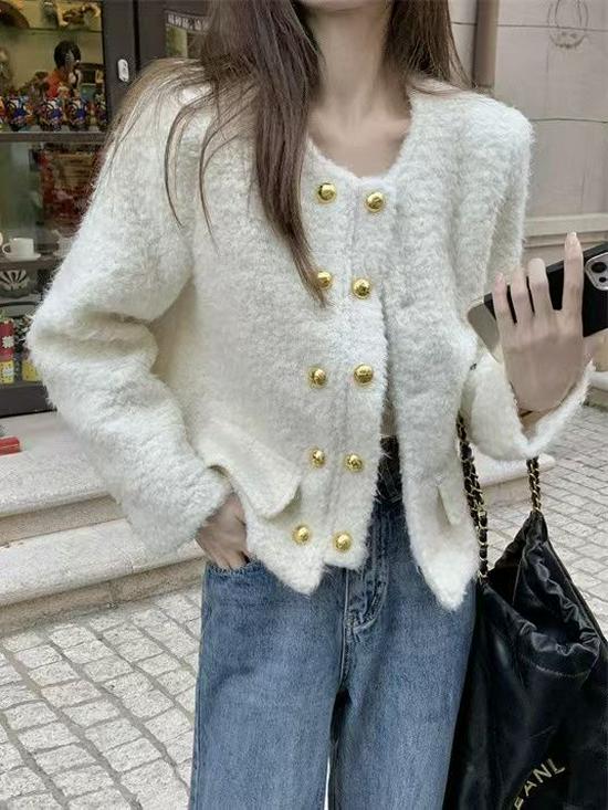 2025 Women's Chic Tweed Double-Breasted Long-Sleeve Coat for Petite (Autumn/Winter Collection)
