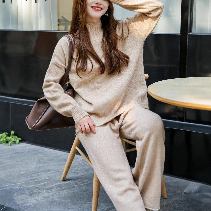 European and American autumn and winter knitted suit women's loose large-size split-ended sweater + straight wide-leg pants two-piece set