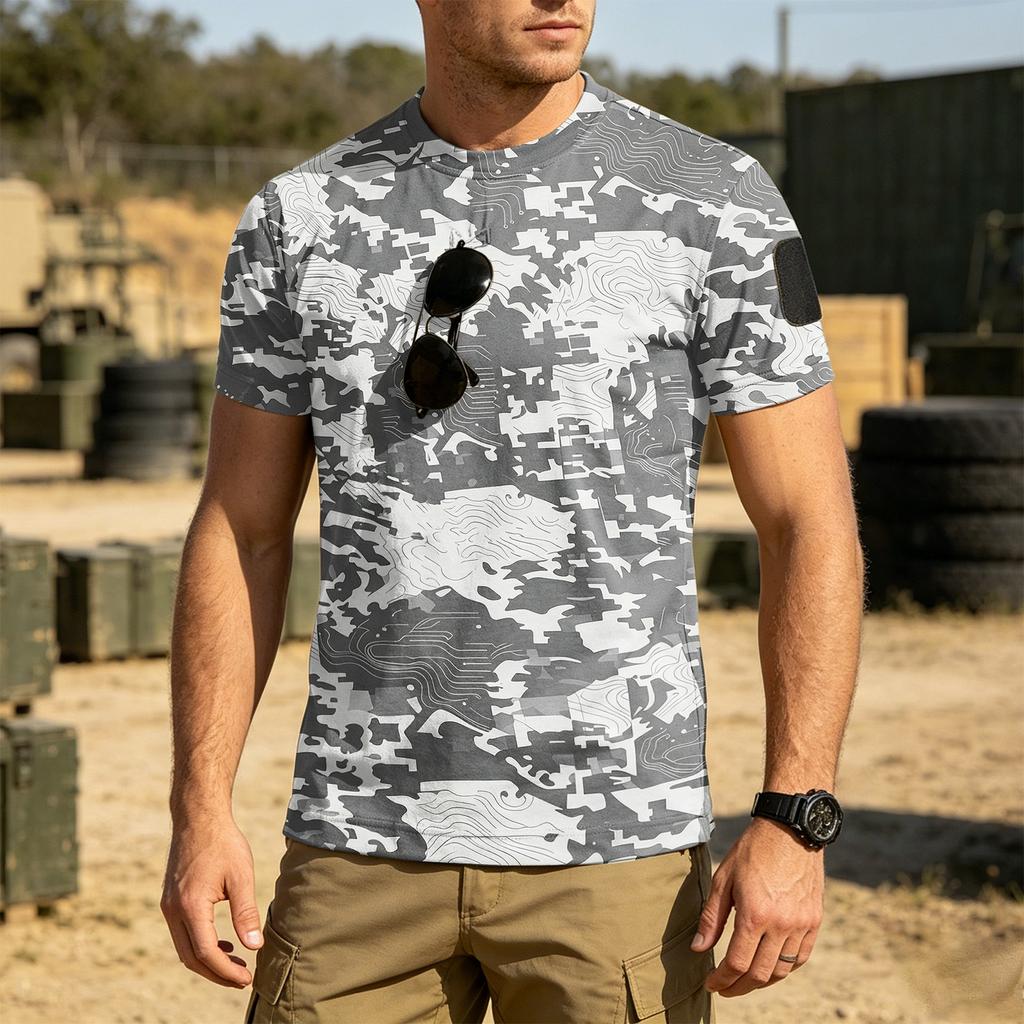 Men's Tactical Outdoor Quick-Dry T-Shirt with Velcro Patch Area Loose Fit Breathable Round Neck Camouflage Print