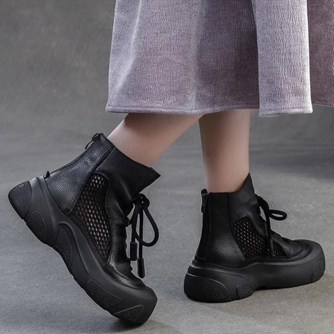 Johnature Cizme din piele naturală cu decupaje, retro, lucrate manual, cu vârf rotund, respirabile, pentru femei, cu talpă groasă