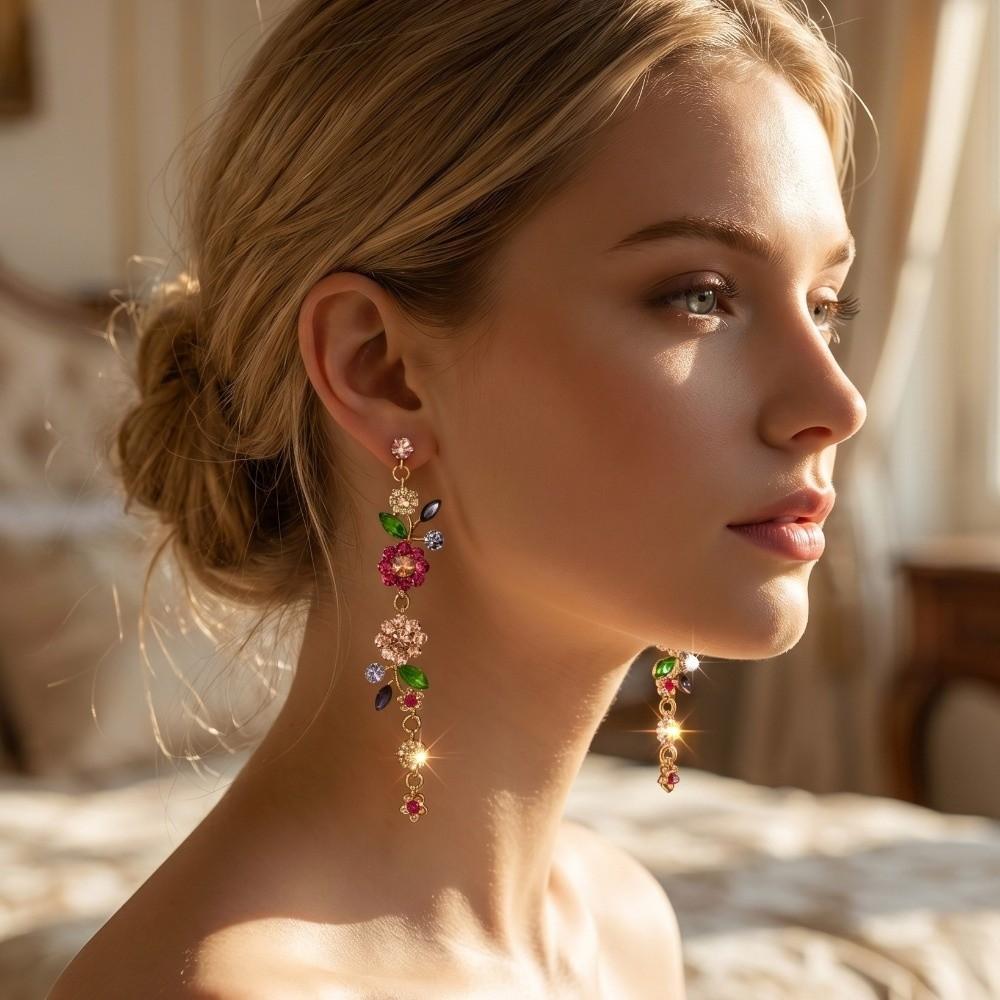 1 Pair Long Flower Drop Earrings Embellished Dangle Earrings  All Seasons Compatible