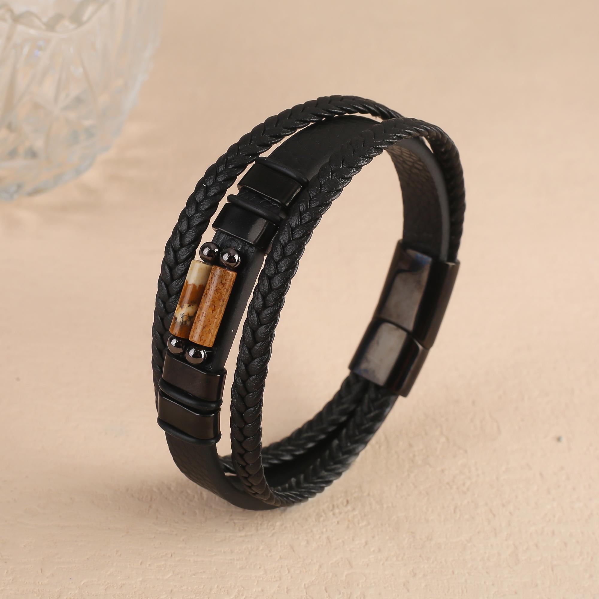 

Natural Stone Leather Braided Multi-Layer Bracelet Men Women Magnetic Clasp Bracelet Daily Wear Jewelry Couple Gift Punk 25cm