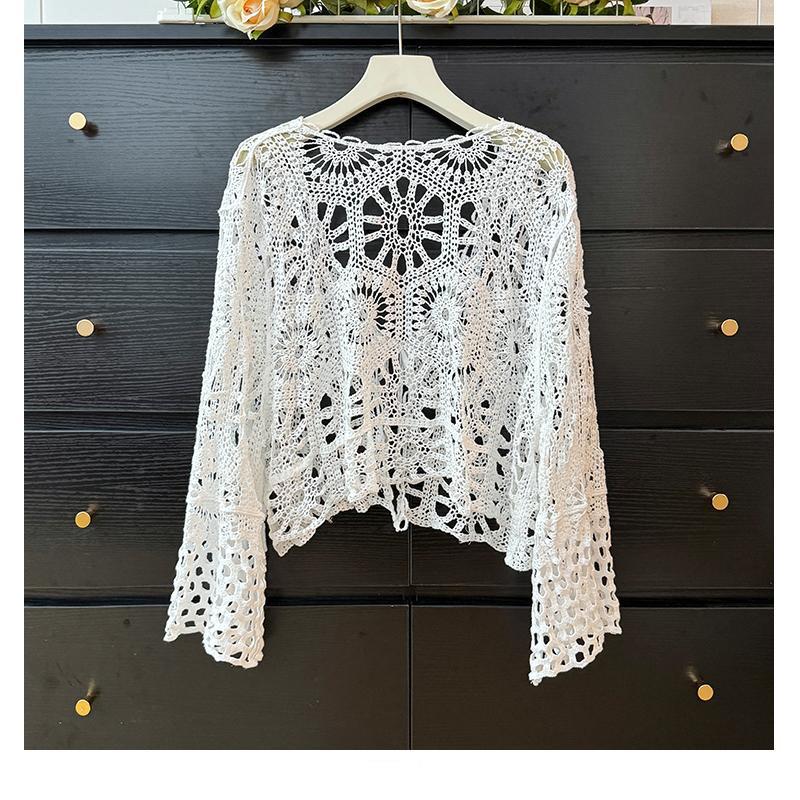 Bohemian Crochet Tie-Up Knit Cardigan - Women's Long Sleeve Sun Protection Top