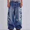 Unisex High Waist Straight Jeans Pants Loose Fit Streetwear Printed Denim Trousers