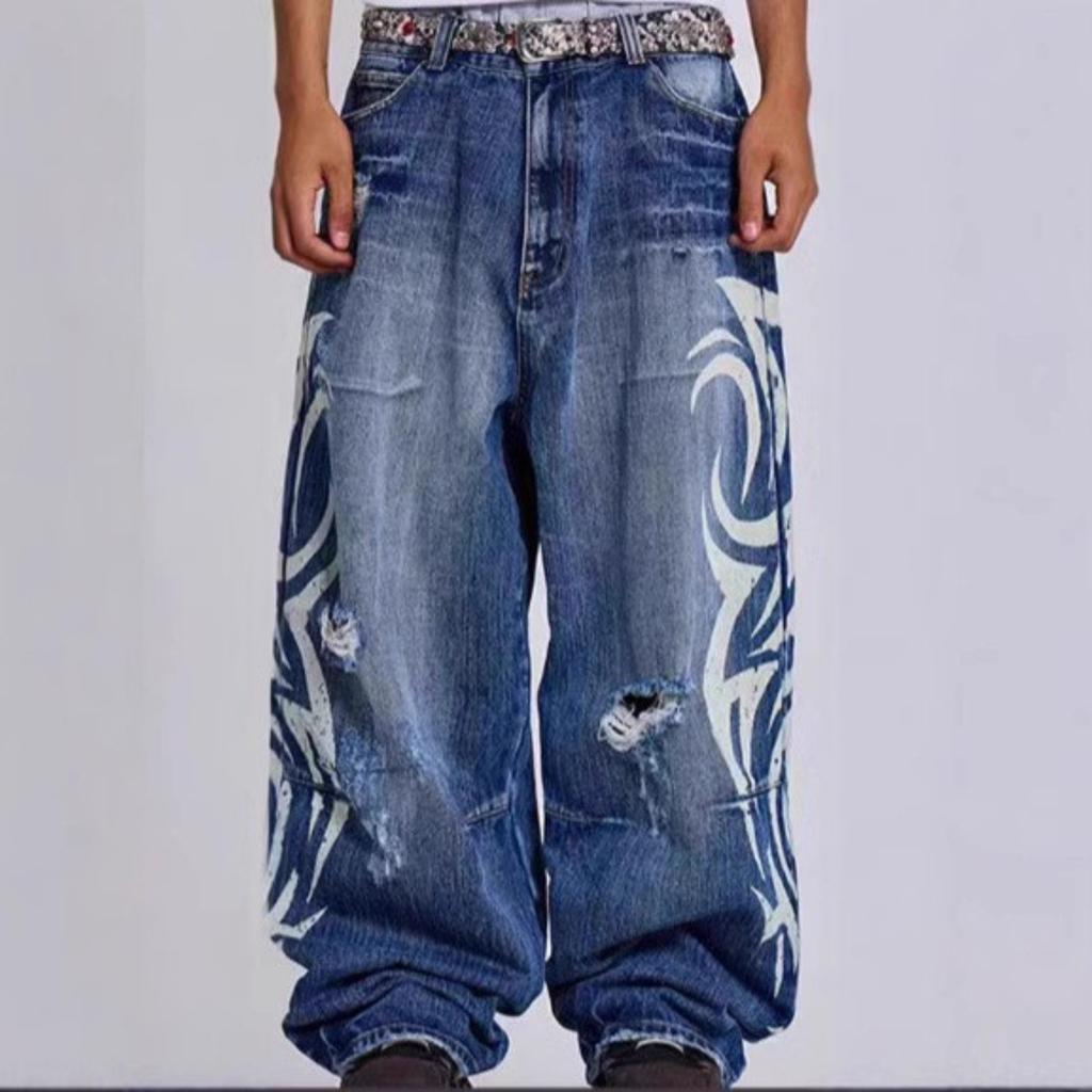 Unisex High Waist Straight Jeans Pants Loose Fit Streetwear Printed Denim Trousers