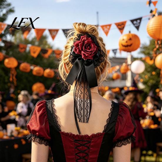 Satin Ribbon Hair Accessories Rose Bow Clip, Lace Pearl Hairpin, Lolita Gothic Bowknot Halloween Costume Decor Hairpin for Women Bride Cosplay