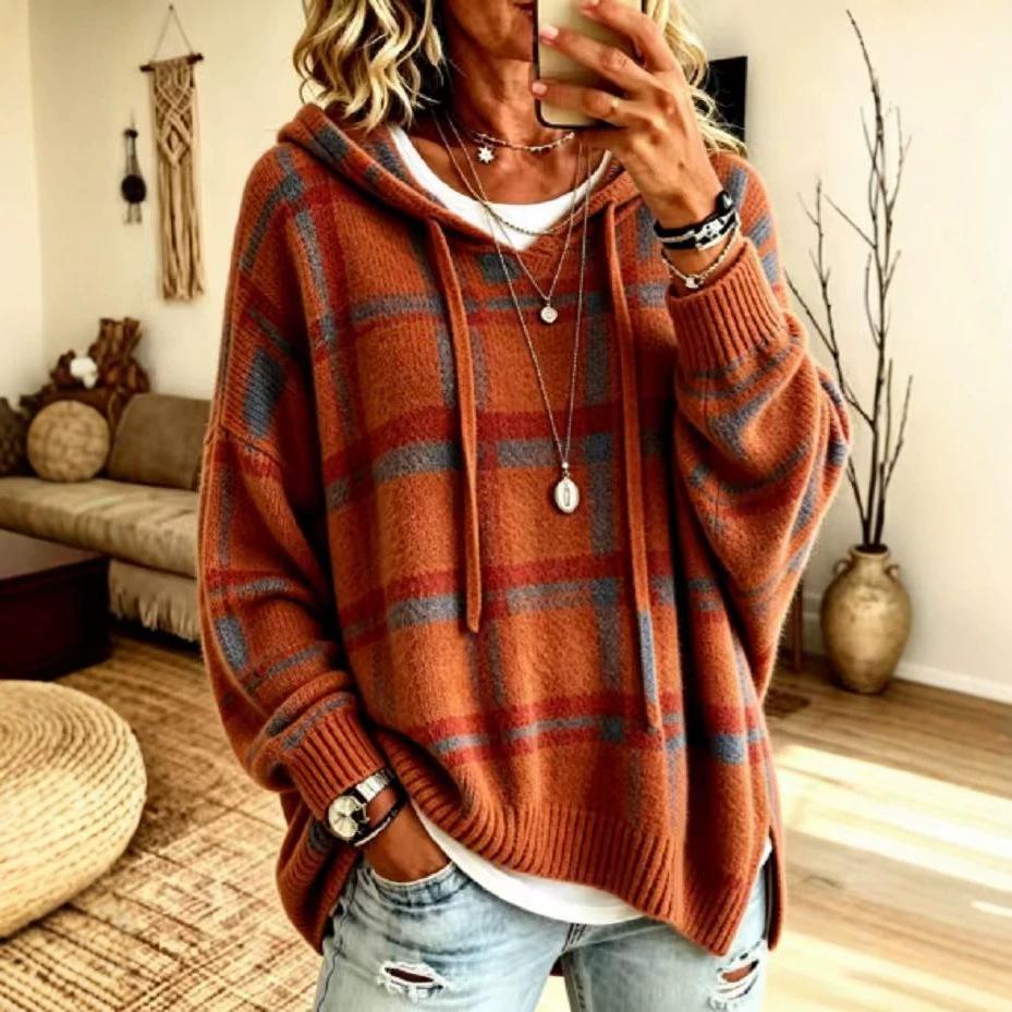 Women's Vintage Plaid Hooded Knit Sweater