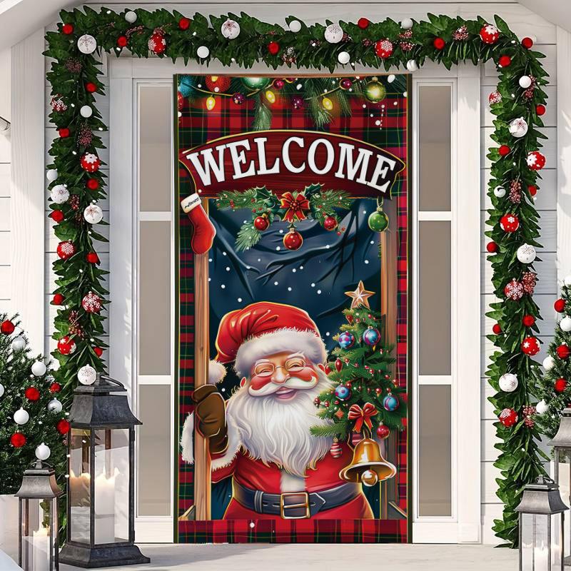 1 Buc Banner Husă Ușă Crăciun Fericit Poliester Om de Zăpadă Model Brad de Crăciun Alb pentru Ajun Anul Nou Petrecere de Sărbători Ușă Față Decor Acasă Perete