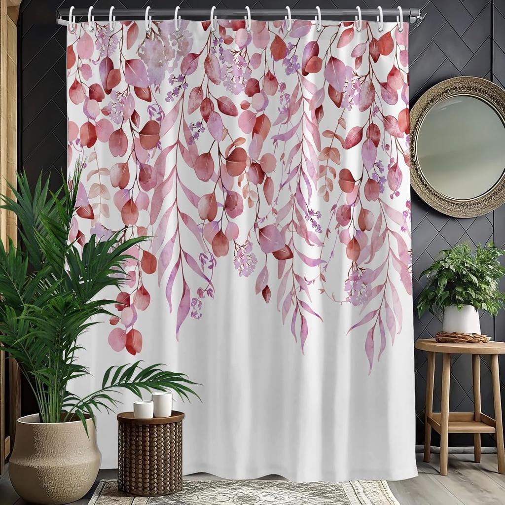 Rustic Brown Leaf Shower Curtain with Hooks, Watercolor Botanical Eucalyptus Bathroom Decor, Boho Farmhouse Waterproof Polyester