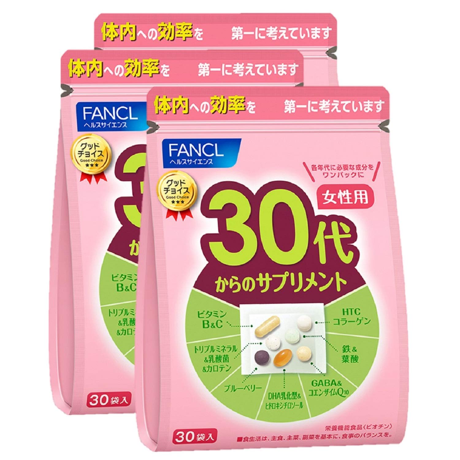 

FANCL Women s Supplements for 30s - 15-30 Days Supply (30 Packs) with Vitamin C, B, and Iron, Individually Wrapped 30Pack×3