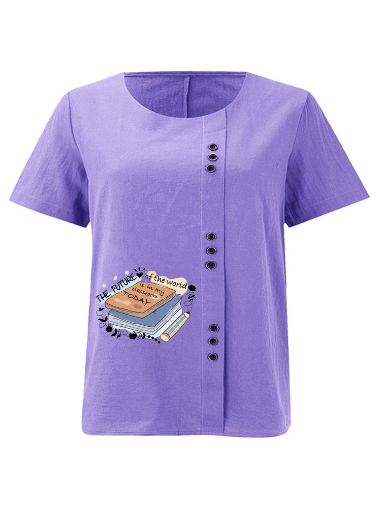 Women's Fashion Book Letter Pattern Print Round Neck Short Sleeve T-shirt Casual Cotton Linen Graphic Shirt Leisure Loose Summer Blouse Tops