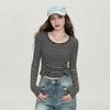 2026 Spring and Summer Pleated Striped Base Shirt with Exposed Navel, Slim Fit and Slimming Effect, Inner Long Sleeved Top for Women