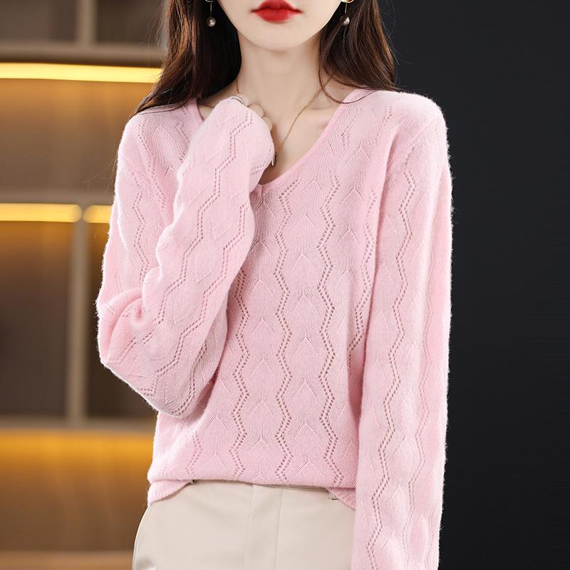 Women's 100% Hollow Wool V-Neck Sweater with Long Sleeves and Loose Collar - Autumn/Winter Style