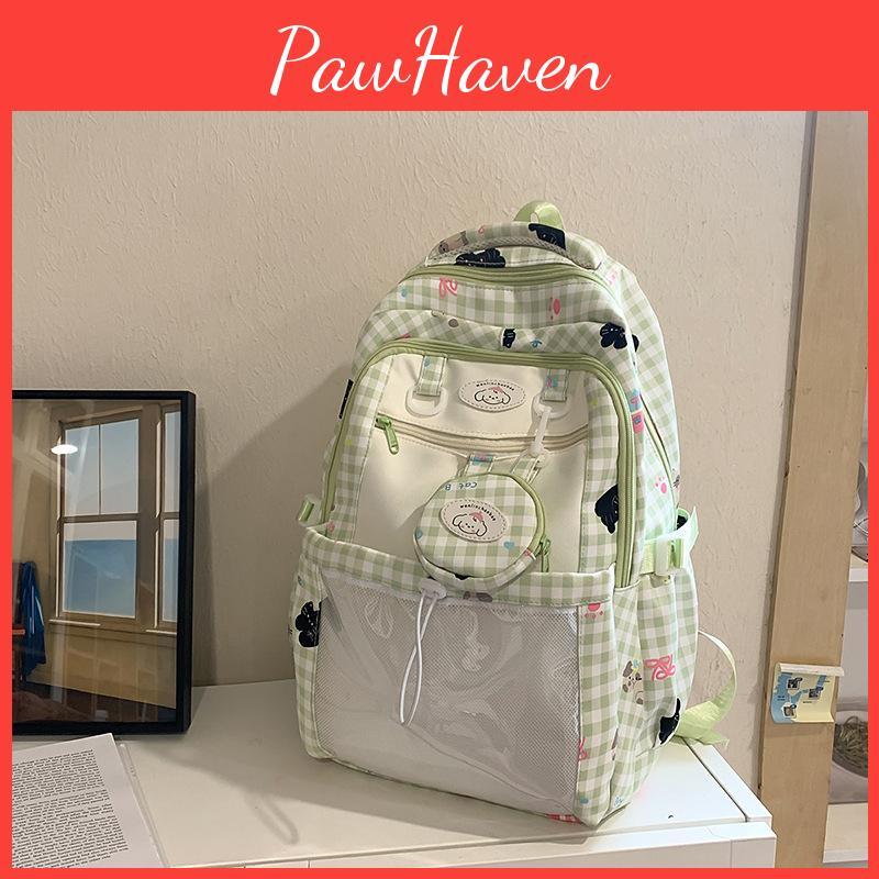 Large Capacity Backpack With Grid And Cartoon Dog Cat Print Design Daily For