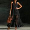 Vestido Maxi sin Mangas con Cuello Halter con Encaje y Paneles Transparentes con Volantes Vestido Largo Casual de Verano para Mujer