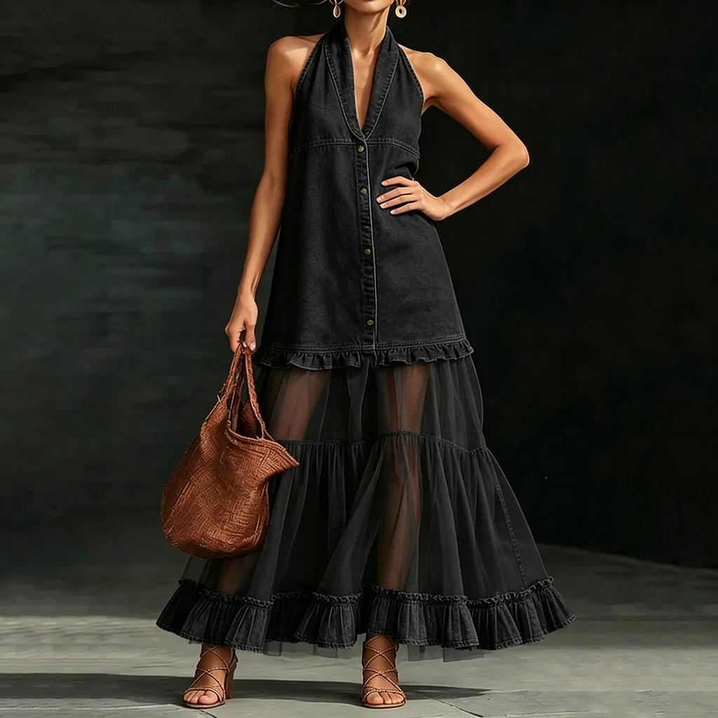 Vestido Maxi sin Mangas con Cuello Halter con Encaje y Paneles Transparentes con Volantes Vestido Largo Casual de Verano para Mujer