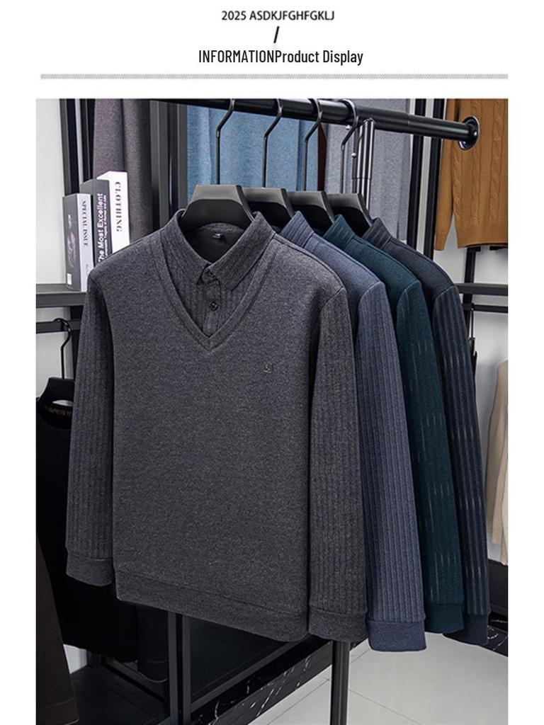 2025 Men's Winter Long Sleeve Lapel Knitwear - Thickened Two-Piece Style, Plus Velvet, Warm Base Layer for Middle-Aged Fathers