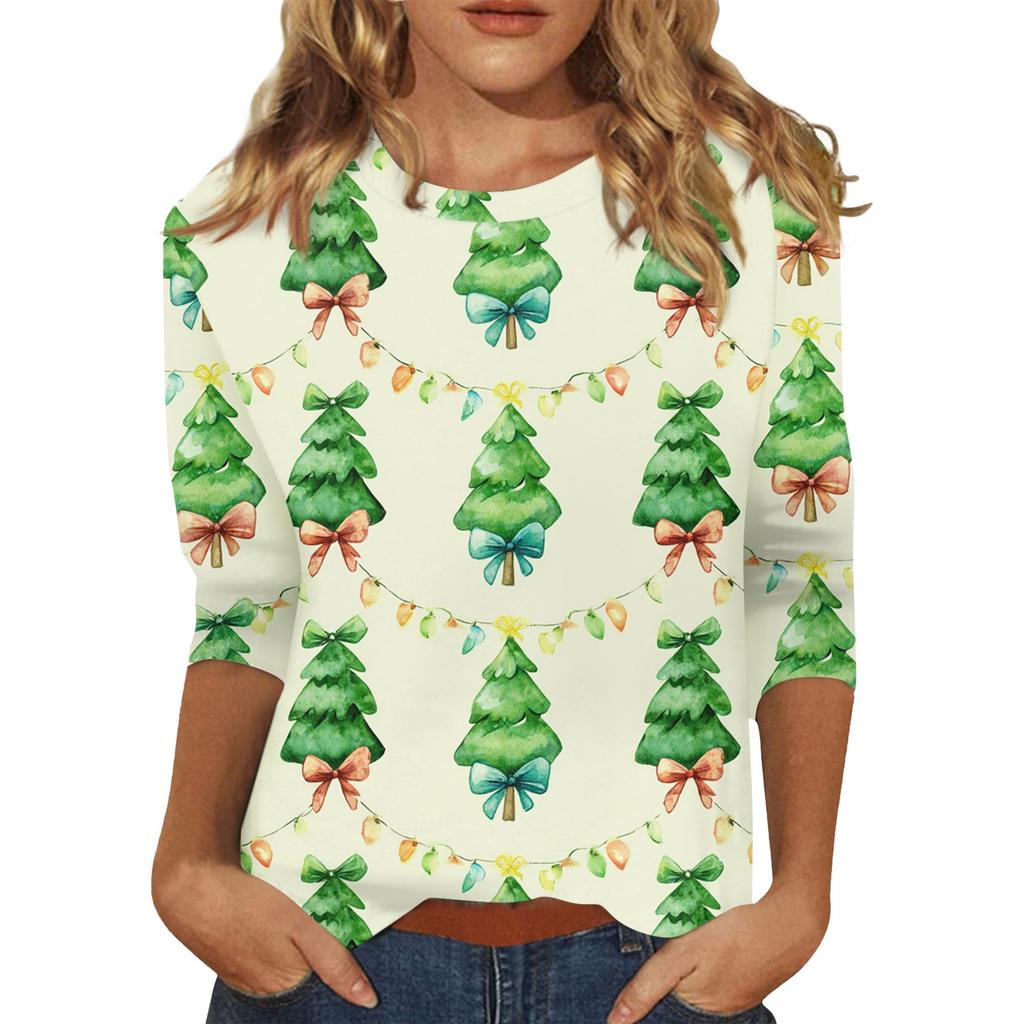 Women's O-Neck 3/4 Sleeve Christmas Print Top
