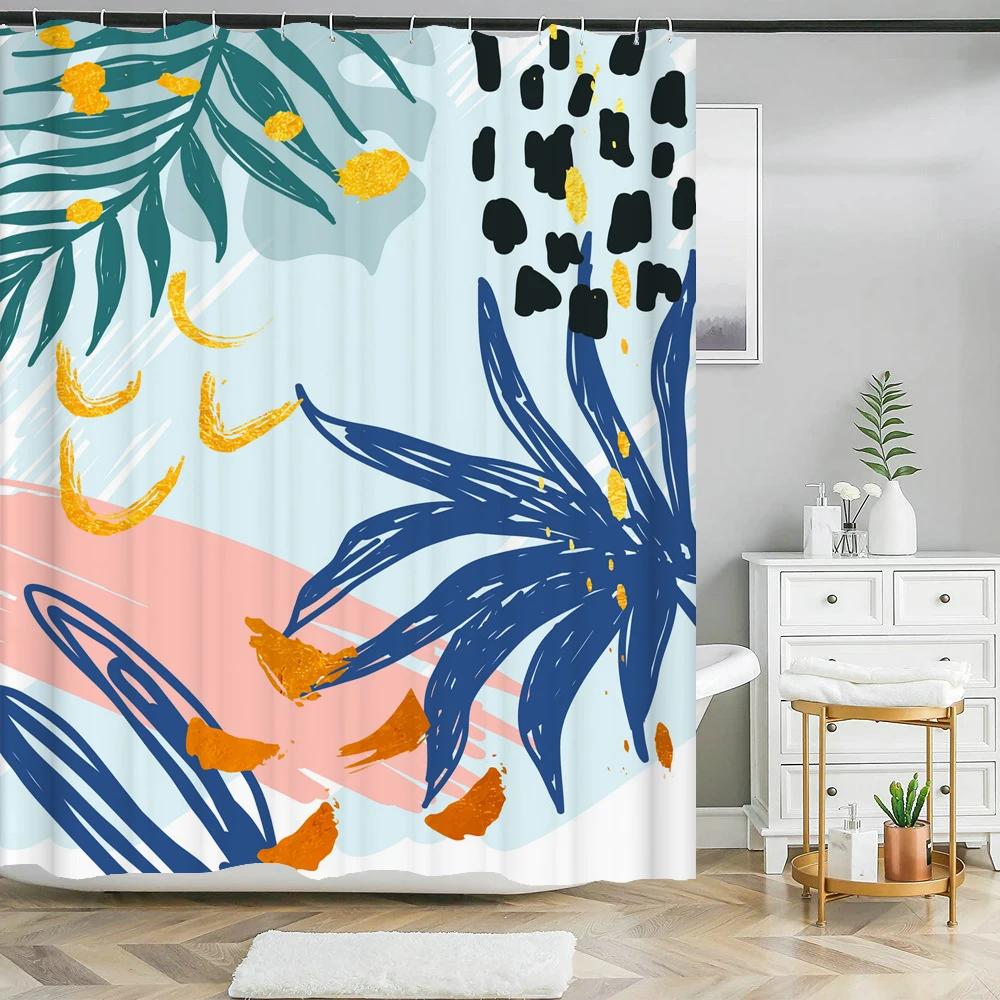 Nordic Style Abstract Art leaves Shower Curtain Waterproof Polyester Bath Curtain Morandi Color Block Curtain For Bathroom Decor