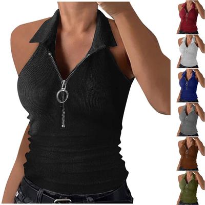 Damen Weste Kragen Sommer Tank Top Gerippt Halbreißverschluss V-Ausschnitt Schmal Geschnitten Ärmellos Cami Shirt