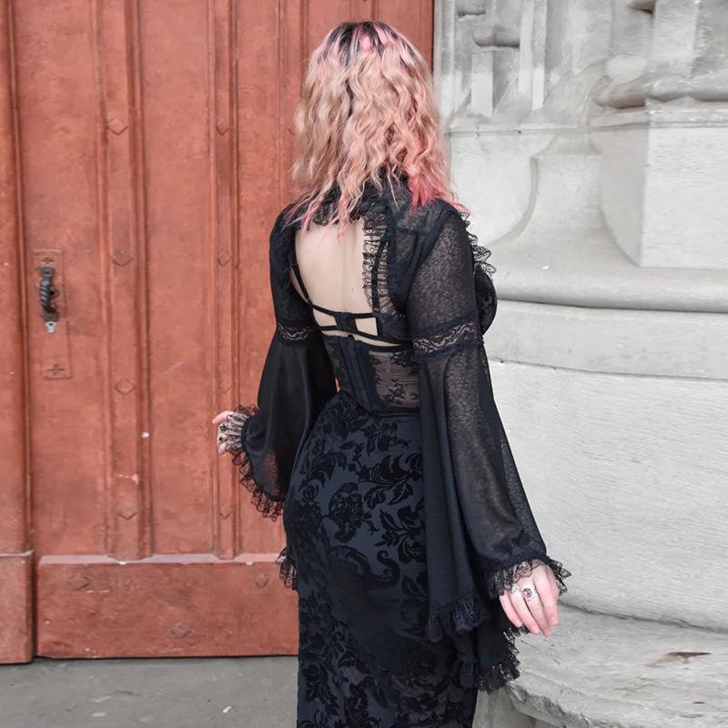 Dark Spring/Summer Lace Bell Sleeve Casual Black Cardigan Top