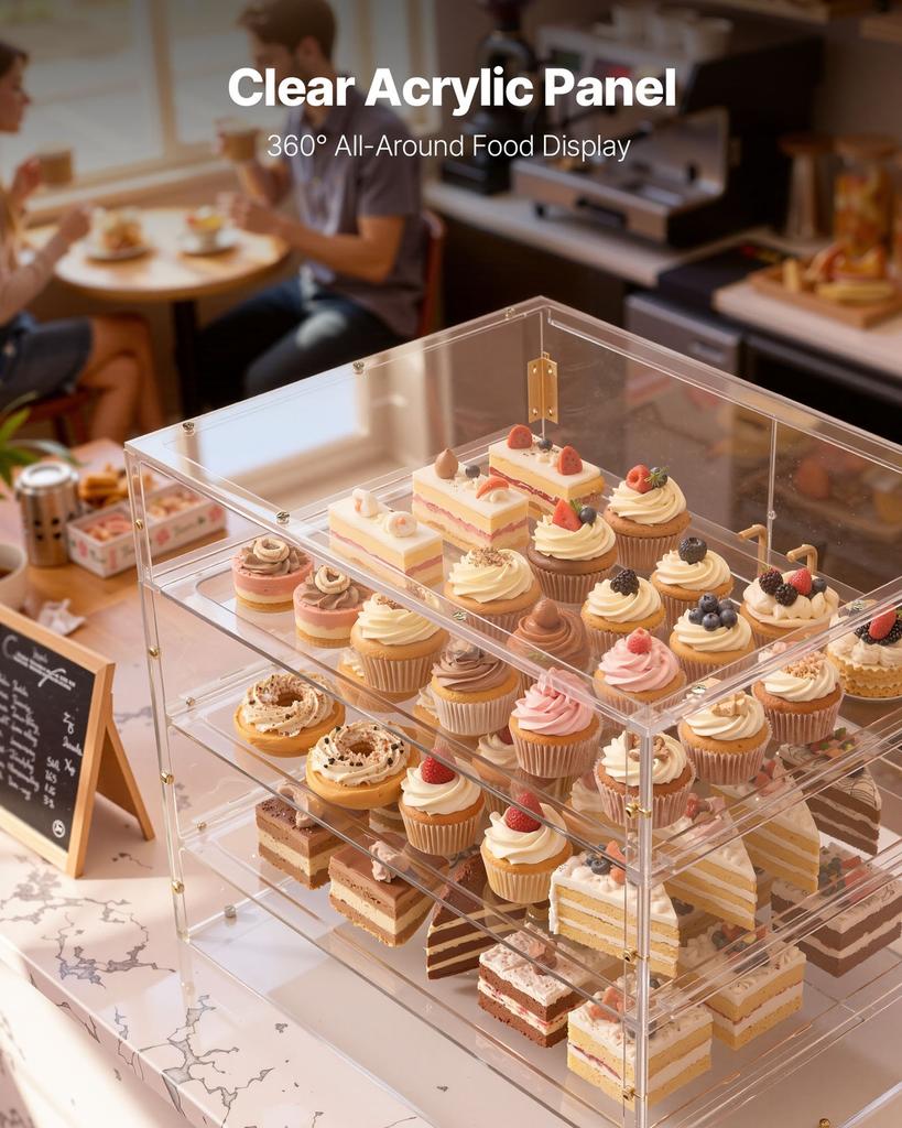 Bakery Display Case, 4-Tier Commercial Countertop Pastry Display Case, Clear Acrylic Bread Box for Kitchen, Party Cake Cabinet with Magnetic Rear Door