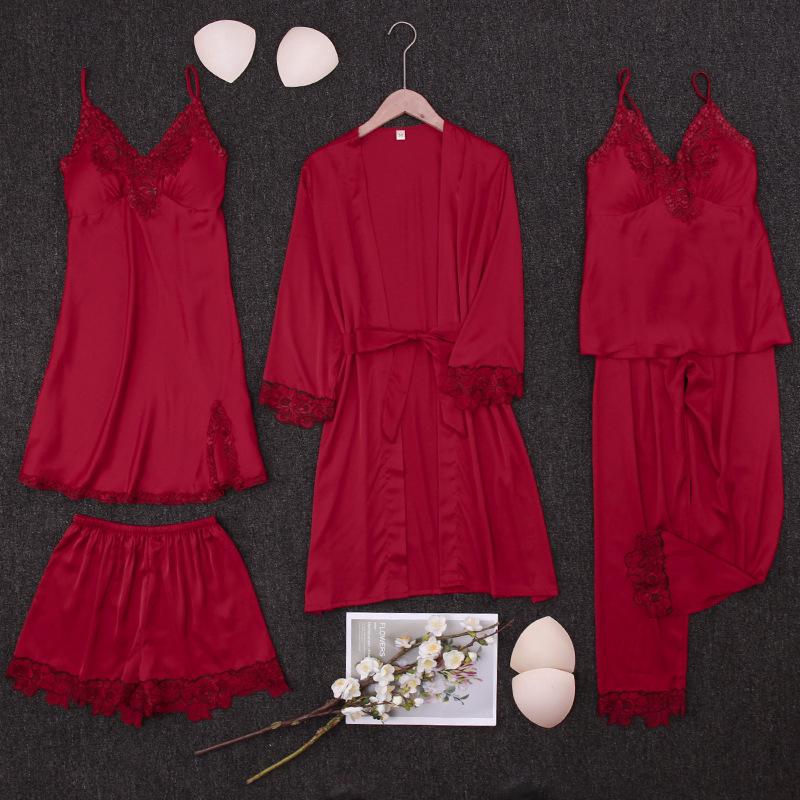 Yao Ting Satin Chiffon Five-Piece Pajama Set: Ice Silk, Casual, Sexy, with Chest Pads for Spring/Summer