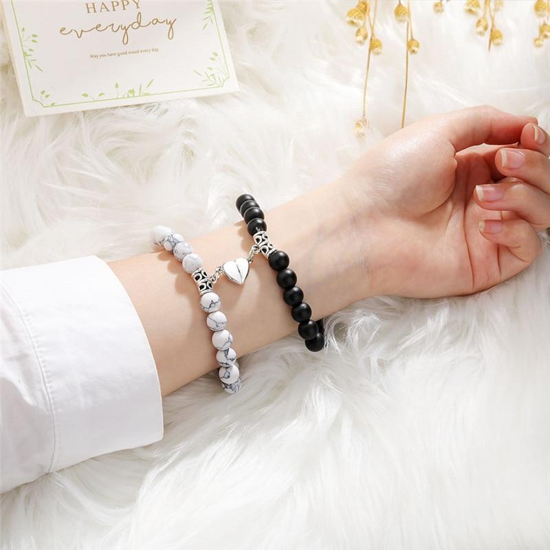 Trendy Couple 2Pcs/Set Natural Stone Beads Love Heart Magnetic Bracelet For Women Men Charm Peach Beaded Bracelets Jewelry Gifts